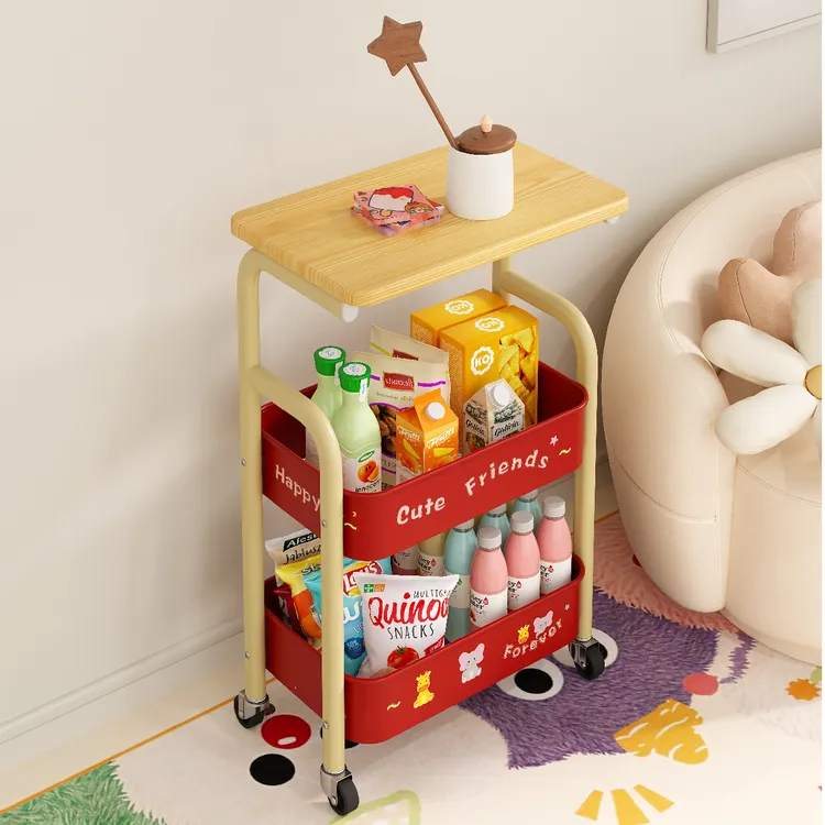 多巴胺原木色碳钢小推车置物架可移动收纳储物架子零食车卧室客厅