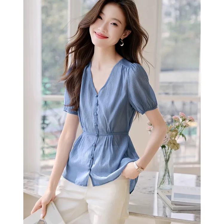 法式简约优雅V领衬衣收腰显瘦百搭轻透衬衫2025夏季新款气质衬衫