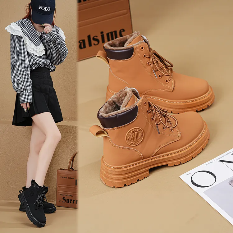 系带法式圆头防水台马丁靴小黄靴休闲女鞋厚底大黄靴百搭时尚