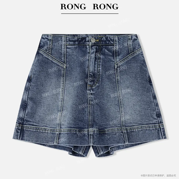 溶溶【丹宁季夏】RONGRONG 高腰舒适不规则分割设计感牛仔短裙裤L95