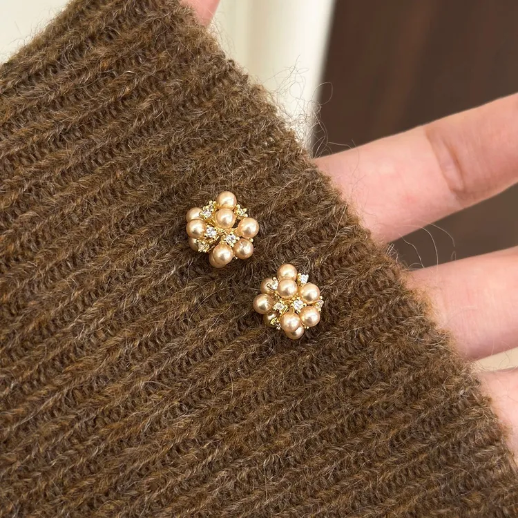 铜合金耳饰 香槟色珍珠锆石烟花耳钉女轻奢高级感气质耳环耳饰潮