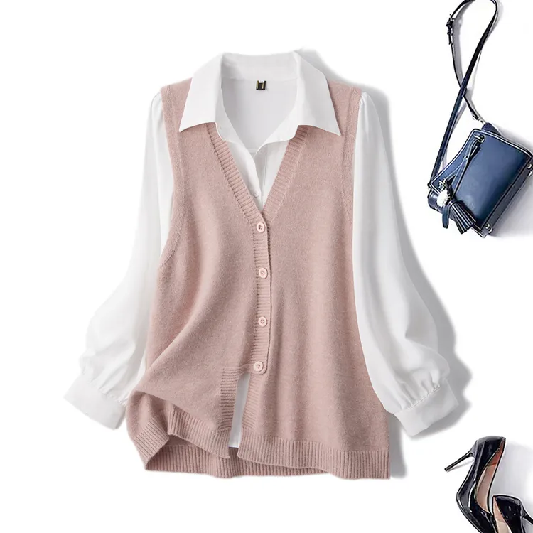 清大码胖mm秋韩版不规则针织马甲叠穿衬衫设计感套装69226+62158