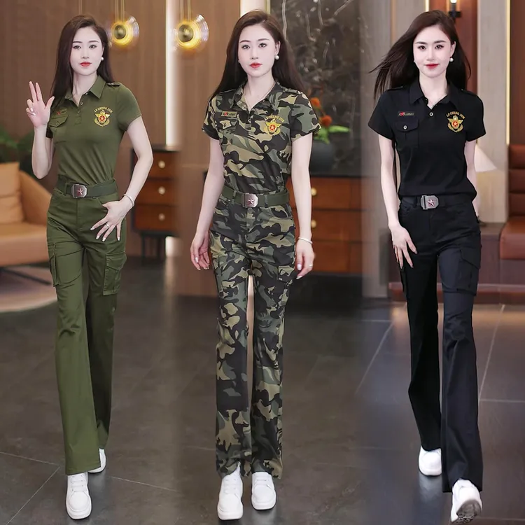 迷彩服套装女夏季新款修身显瘦喇叭裤水兵舞服装短袖工装裤两件套