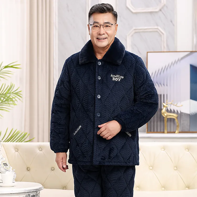 冬季珊瑚绒睡衣男中老年人爸爸三层夹棉加绒加厚法兰绒保暖居家服