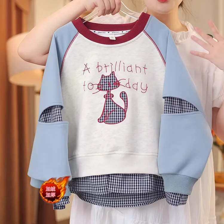 女童加绒假两件卫衣深秋2025新款卡通刺绣一体绒保暖打底衫加厚潮