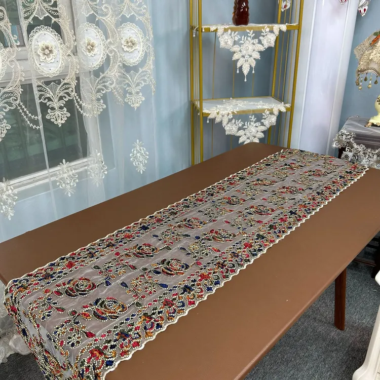 高档大气【40*220CM】家用双蕾丝刺绣桌旗桌垫美式双绳刺绣民族风桌