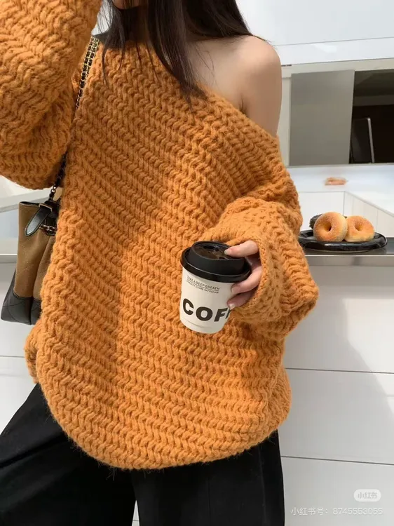 秋冬韩系氛围感加厚一字肩显瘦毛衣慵懒风软糯宽松大版针织衫女