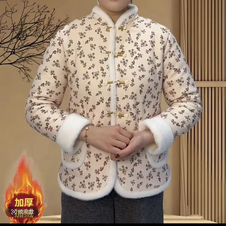 复古加绒棉服民族风加绒加厚冬款保暖小花袄棉衣冬季中国风中式