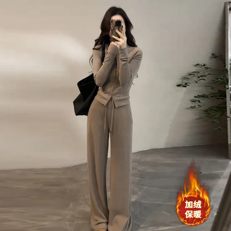 大婷婷 冬季新款休闲加绒时尚套装上衣抽绳长裤阔腿裤长袖两件套