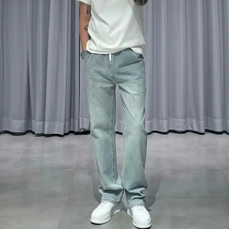 男士高端水洗浅蓝色万能腰宽松牛仔裤春季新款轻奢欧货百搭直筒裤