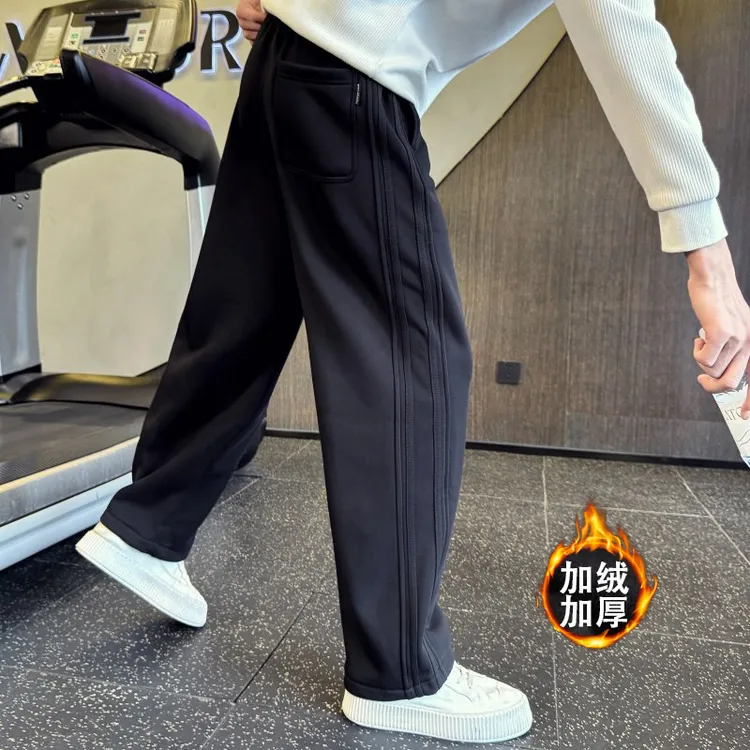 秋冬运动裤男款卫裤纯色阔腿宽松直筒休闲裤百搭男士加绒加厚裤子