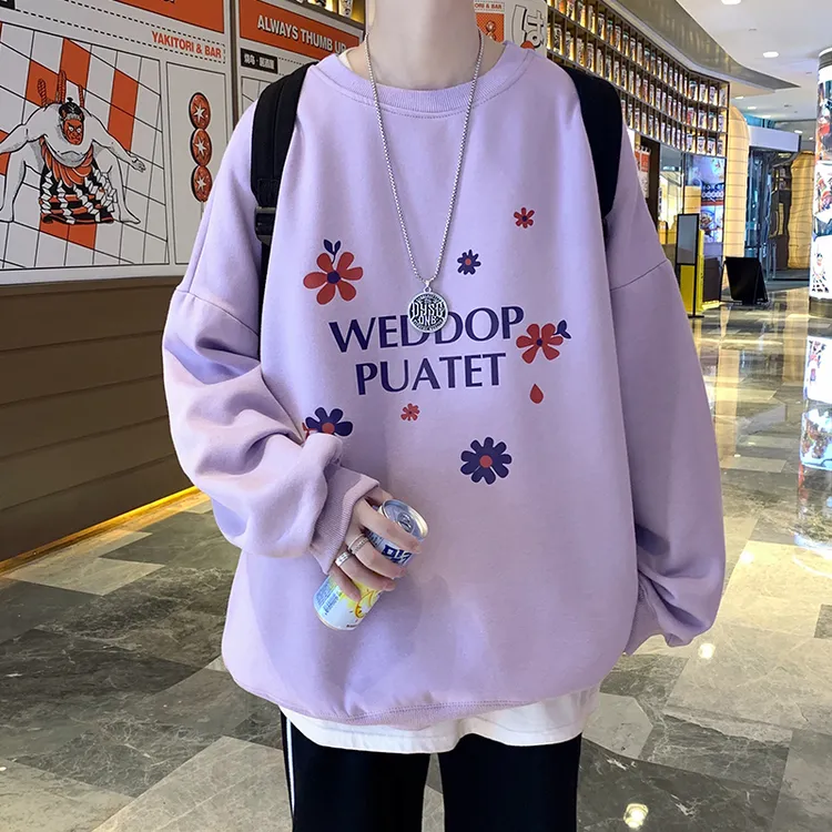 *秋新款宽松加绒卫衣套头圆领印花上衣