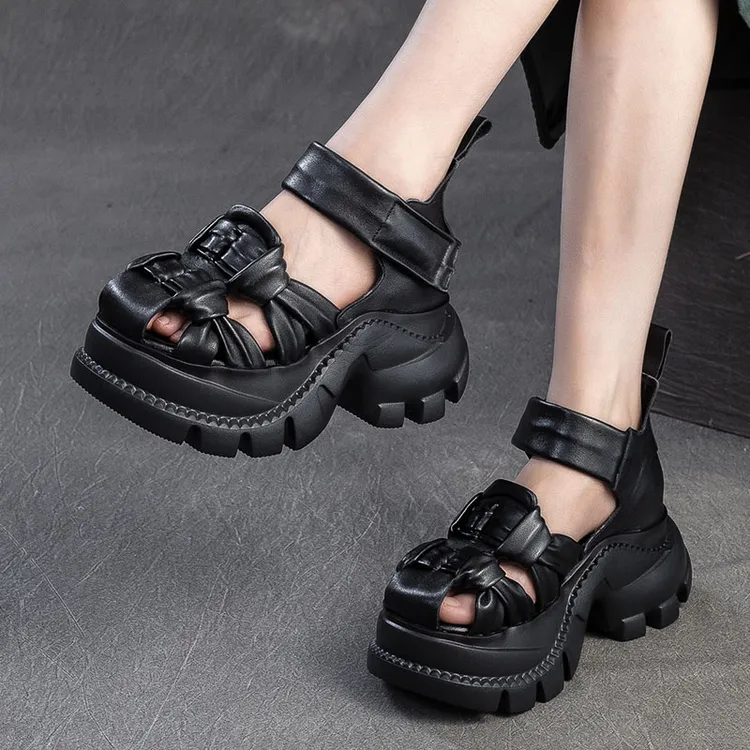 复古包头凉鞋女夏外穿真皮新款小众风脚宽脚胖厚底透气松糕女鞋