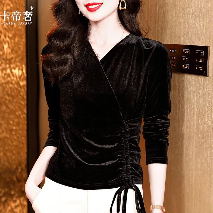 卡帝奢时尚抽绳金丝绒长袖T恤女春装新款气质短款打底衫修身小个