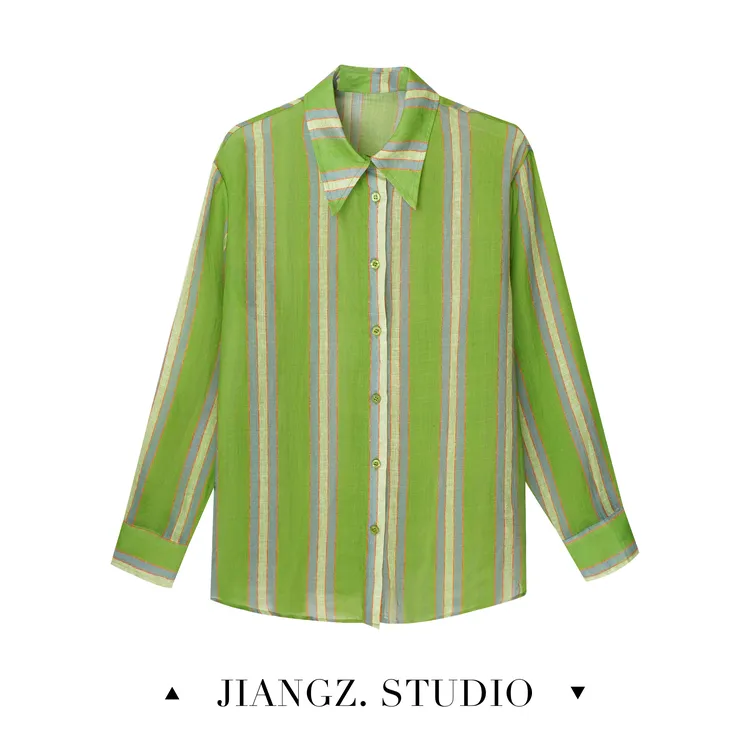 panii【先森】春夏休闲轻奢百搭宽松显瘦透气单排扣条纹亚麻衬衫女