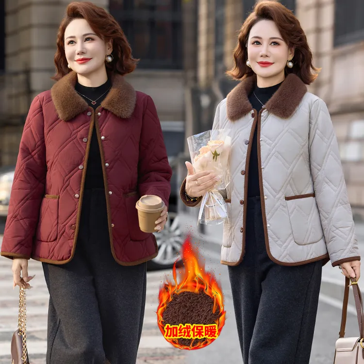 时尚妈妈冬装翻领加绒棉服外套中老年女装保暖洋气短款棉袄棉衣服