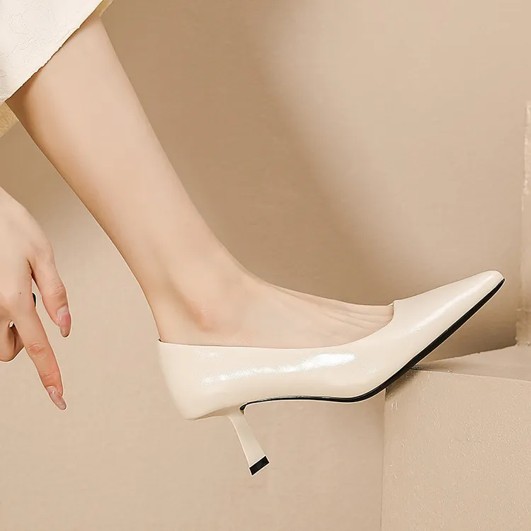 法式尖头高跟鞋女细跟软皮舒适不累脚浅口米白色百搭职业通勤单鞋