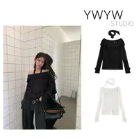【YWYW25F/W】翻领一字肩玫瑰订花长袖针织衫5529