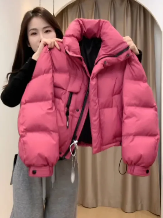 小个子短款立领玫红色外套韩系气质宽松显瘦加厚漂亮保暖棉服女