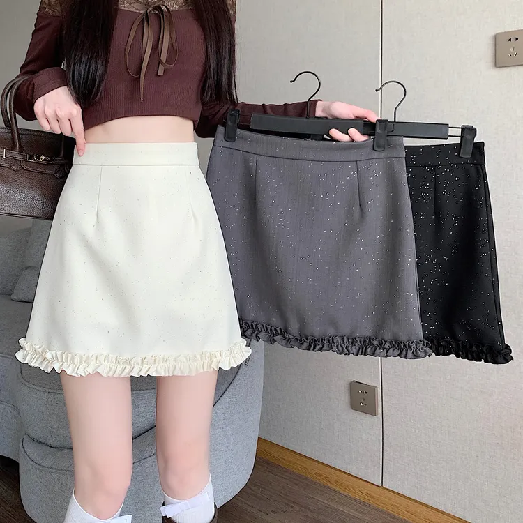 2025春夏新款洋气显瘦A字时尚半身裙女花边拼接亮片西装短裙