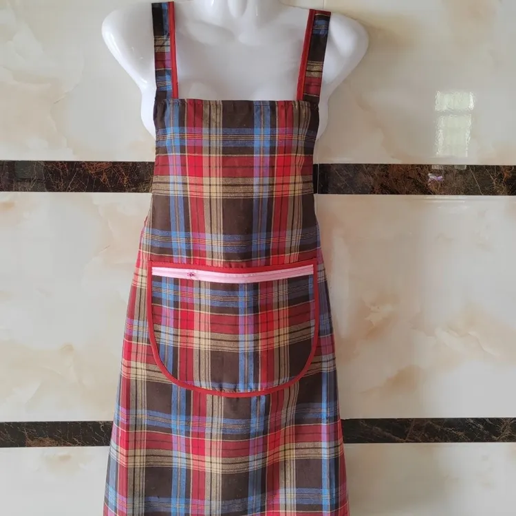 纯棉成人格子拉链口袋围裙背带式穿搭不嘞适合工作厨房做饭通用