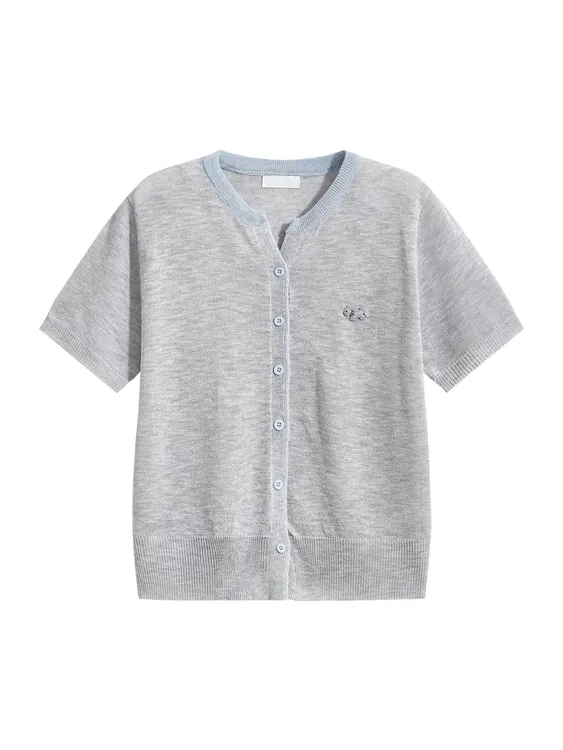 短袖韩版圆领夏毛针织衫冰爽透气针织开衫开衫洋气女灰色