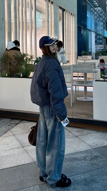 深冬独特超好看棉服藏蓝色休闲格纹棉服宽松时尚休闲保暖外套棉衣