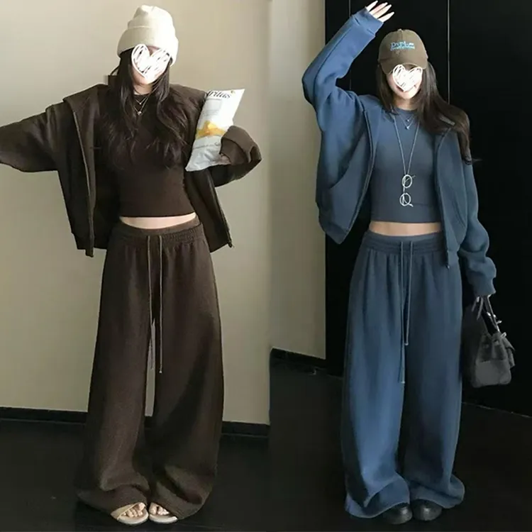 2025早秋松弛慵懒纯色外套修身显瘦打底衫宽松阔腿裤三件套 