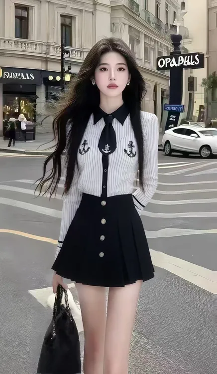秋季新款休闲通勤风翻领白色条纹衬衫上衣+黑色高腰半身裙两件套