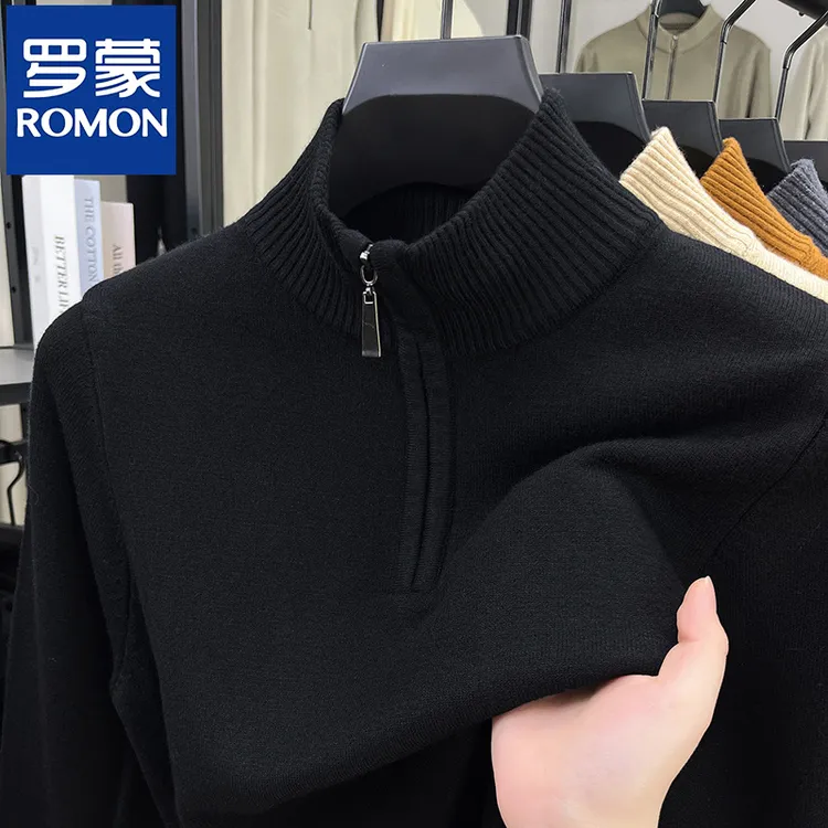 罗蒙男士秋冬新款半高拉链针织衫纯色加厚毛衣时尚休闲百搭打底衫