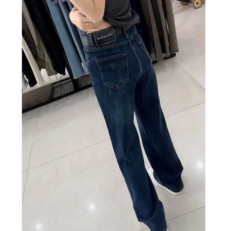 蓝色窄版直筒牛仔裤女秋冬爆款大码胖mm高腰加绒加厚显瘦阔腿长裤