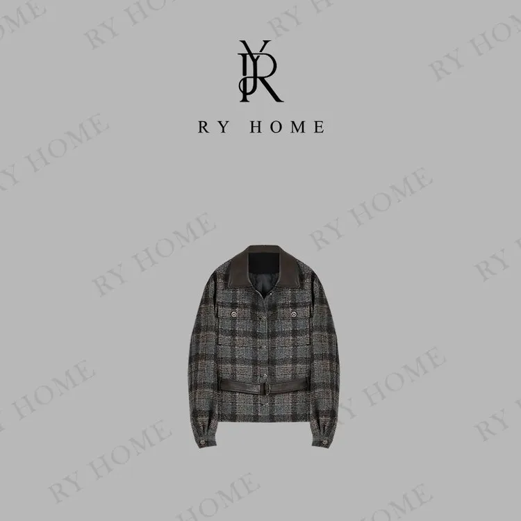 【容雨RYHOME】绵羊毛拼皮格纹小香风短外套253W2409
