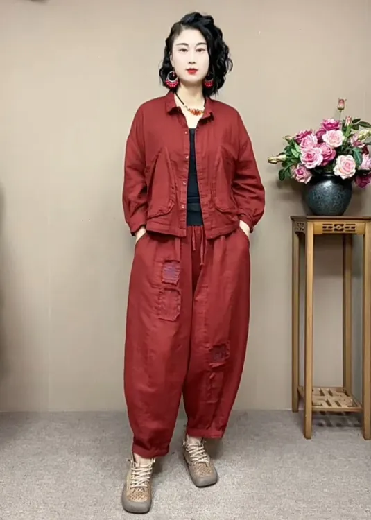 ZX0222新款宽松大码短款长袖薄外套十二片刺绣大版哈伦裤两件套
