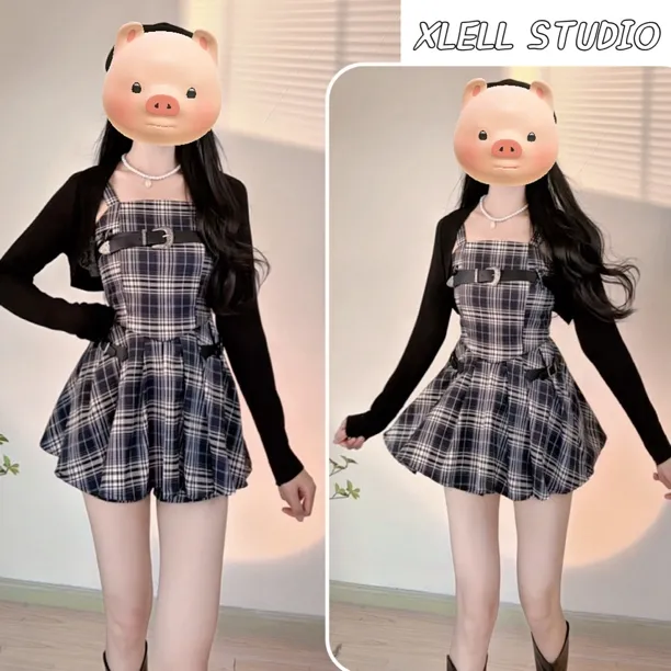 两件套复古格纹修身显瘦吊带连衣裙松紧高腰安全打底裤套装女新款