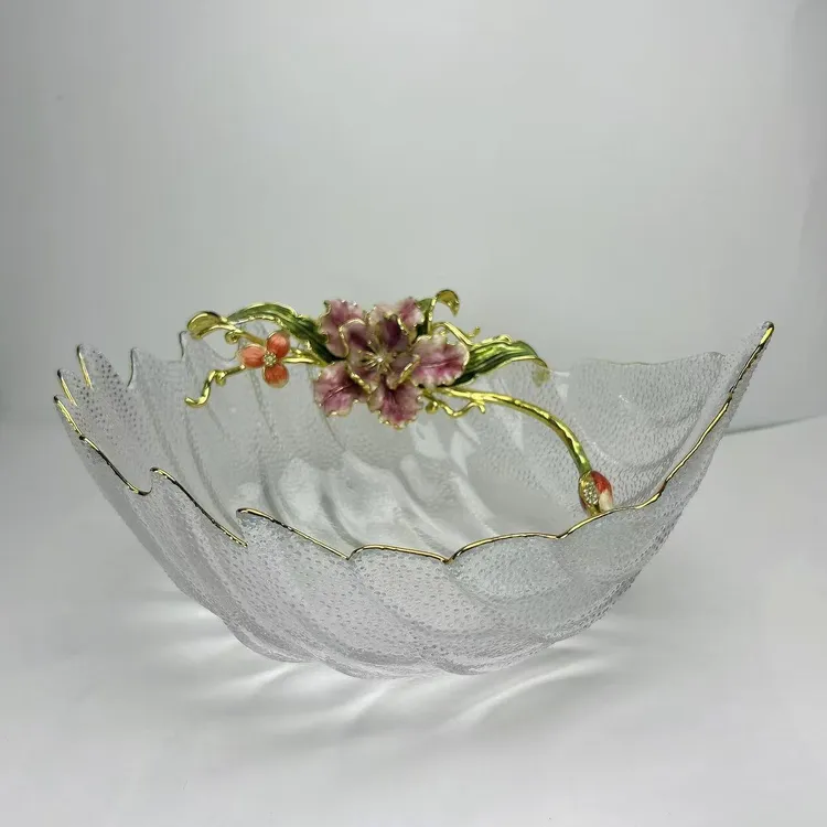 珐琅彩轻奢描金羽毛玻璃果盘