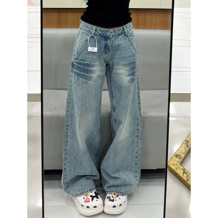 美式水洗闪电裂纹蓝色牛仔裤2025女新款潮牌垂感宽松直筒阔腿裤子