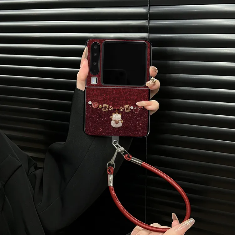 适用华为purax手机喜庆招财猫小羊皮折叠壳全包简约保护套