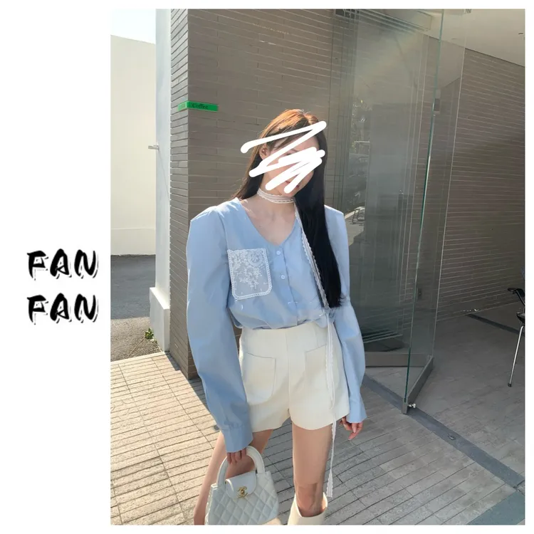 FANFAN 【排扣 泡泡袖】V领蕾丝飘带拼接衬衫