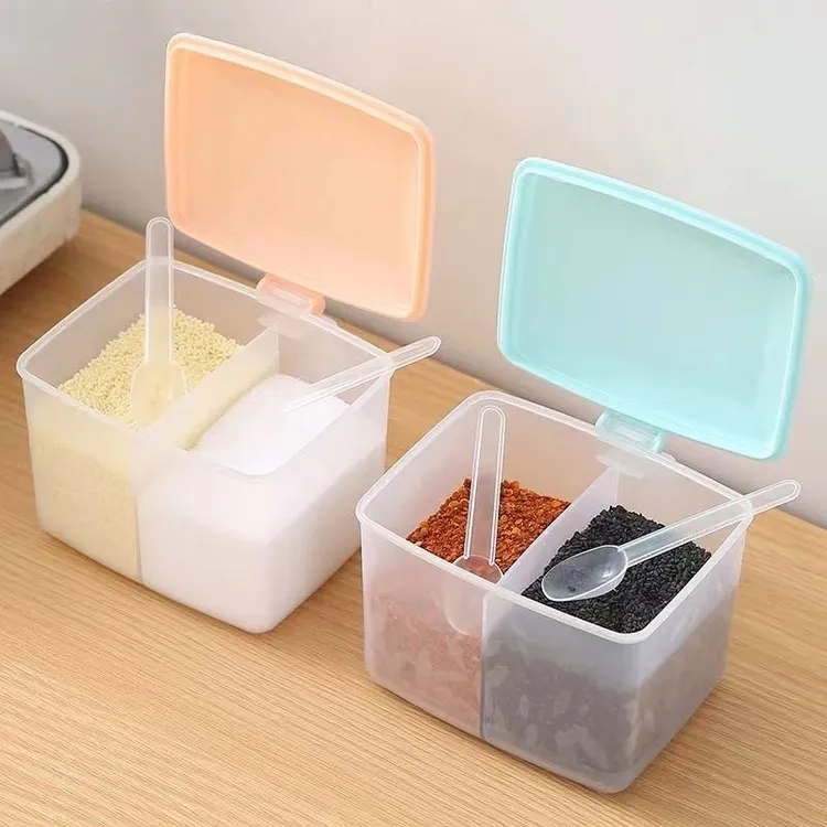 厨房调味盒一体式分格方形调味盒双格设计附带勺子收纳调料盒子