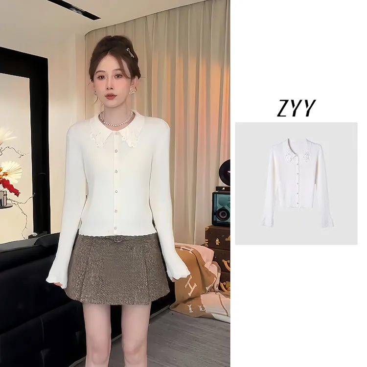 ZYY【温柔清贵】2025S/S新品重工钉钻钩花领针织衫女X25DMZZS04696