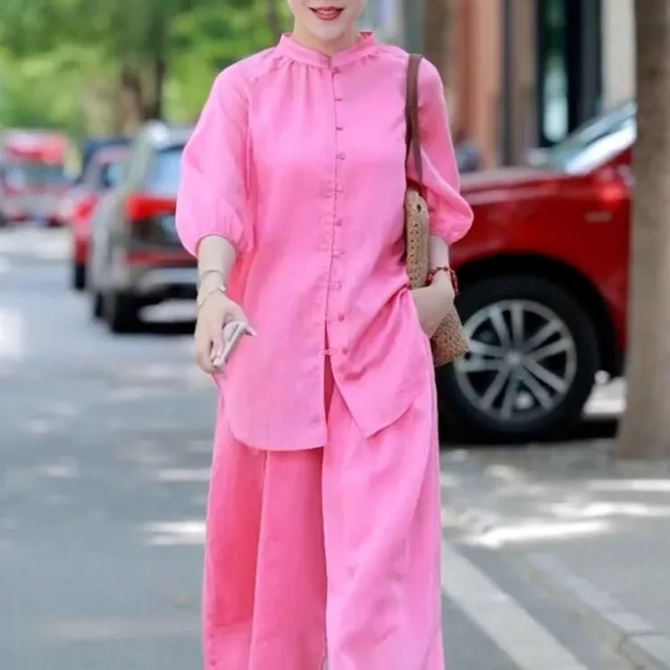 套装女夏2025新款大码中长款七分袖衬衫阔腿裤亚时尚两件套