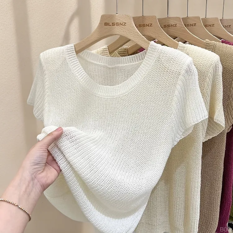 2025夏季法式绝美设计感冰丝针织衫T恤女宽松休闲ins超好看上衣