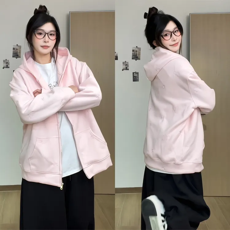 初秋粉色连帽卫衣早春秋季薄外套女2025新款韩系穿搭慵懒宽松开衫