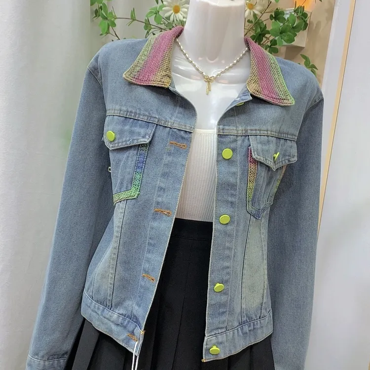 女短款早春拼色牛仔短外套显瘦拼接口袋短外套春秋秋季宽松