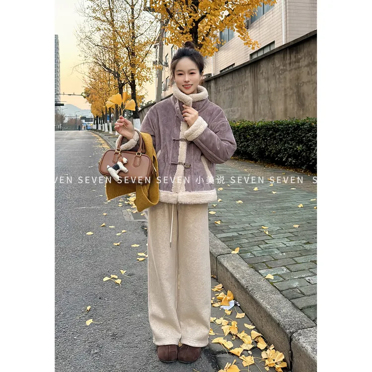 ⑦七七146小个子冬季保暖紫色麂皮绒短款外套女皮毛一体上衣小美说