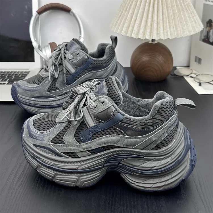 爆款网面厚底增高6cm老爹鞋女2025冬新款复古百搭加绒运动休闲鞋
