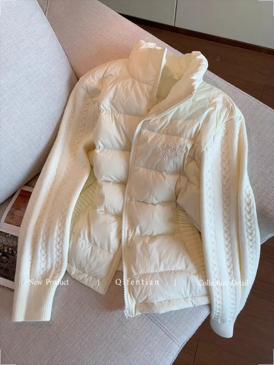 白色针织拼接立领棉服外套女2025秋冬新款高级感简约气质百搭棉衣
