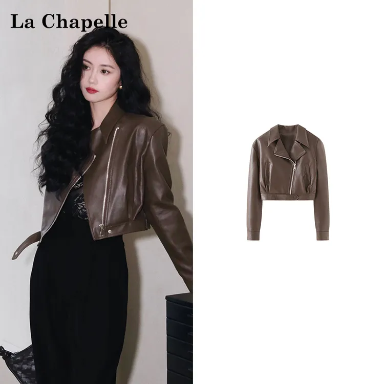 拉夏贝尔复古设计感街头潮流翻领斜拉链PU皮衣垫肩短款小个子夹克