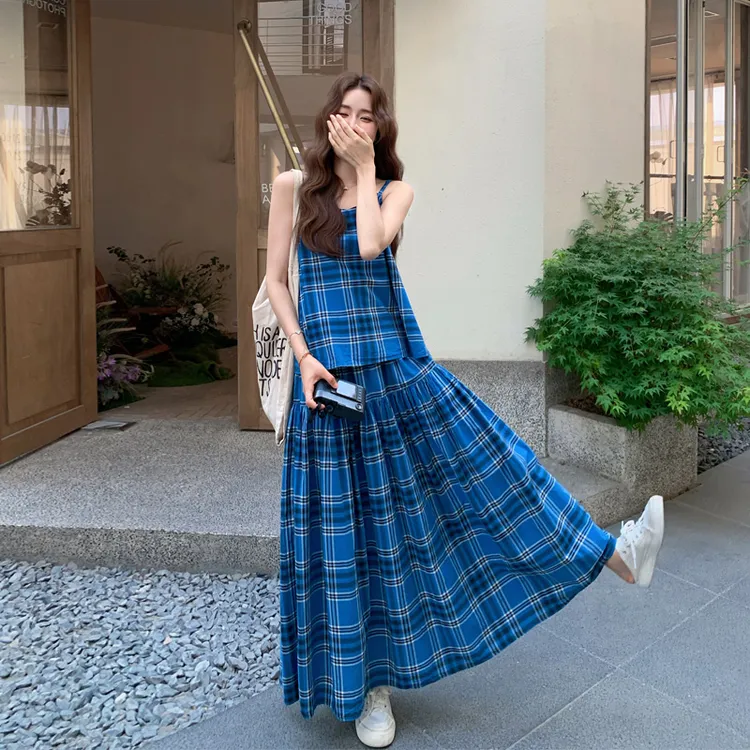 复古格纹吊带上衣半身裙套装2025夏季新款优雅气质氛围感两件套潮