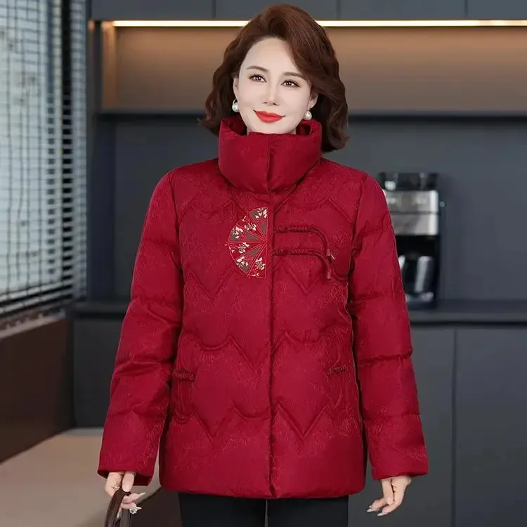 厚款中老年女装喜婆婆红色棉袄外套冬季棉服奶奶装